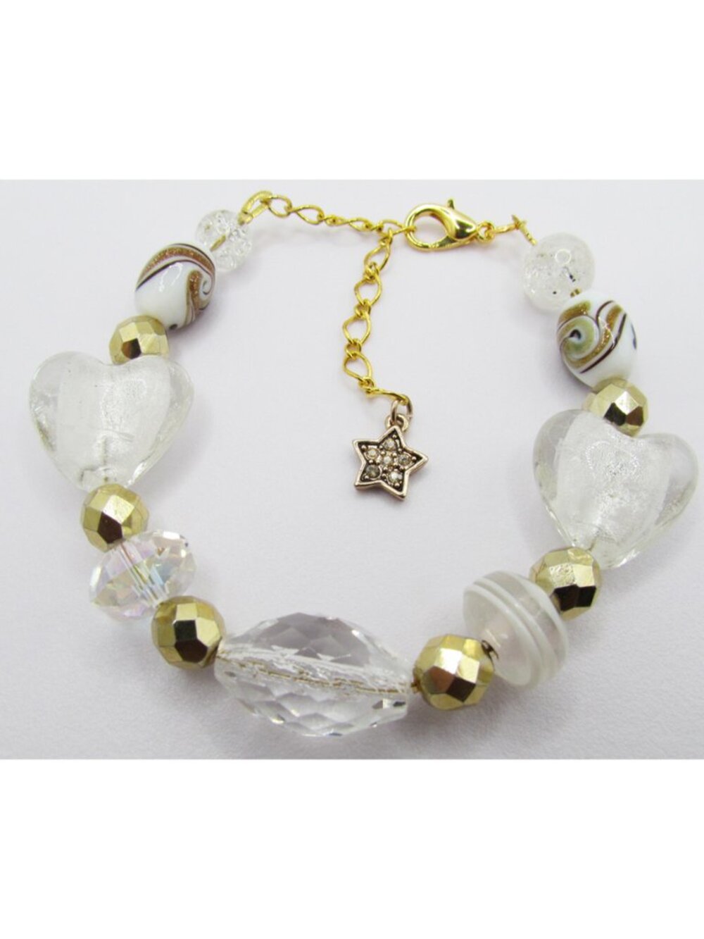 White & Gold Art Glass Heart Beaded Bracelet Adjustable